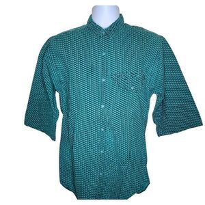 Vintage 80s Tomato Geo Check Short Sleeve Button Up Mens Shirt Size M Green